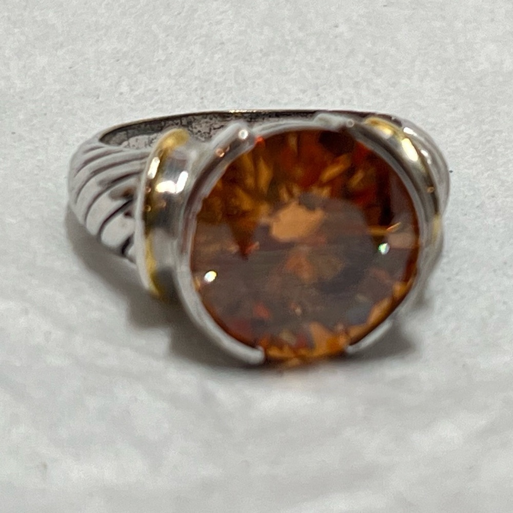 Large 18K Gold Electroplated Two-tone Ring with Orange Stone Size 9 1/4